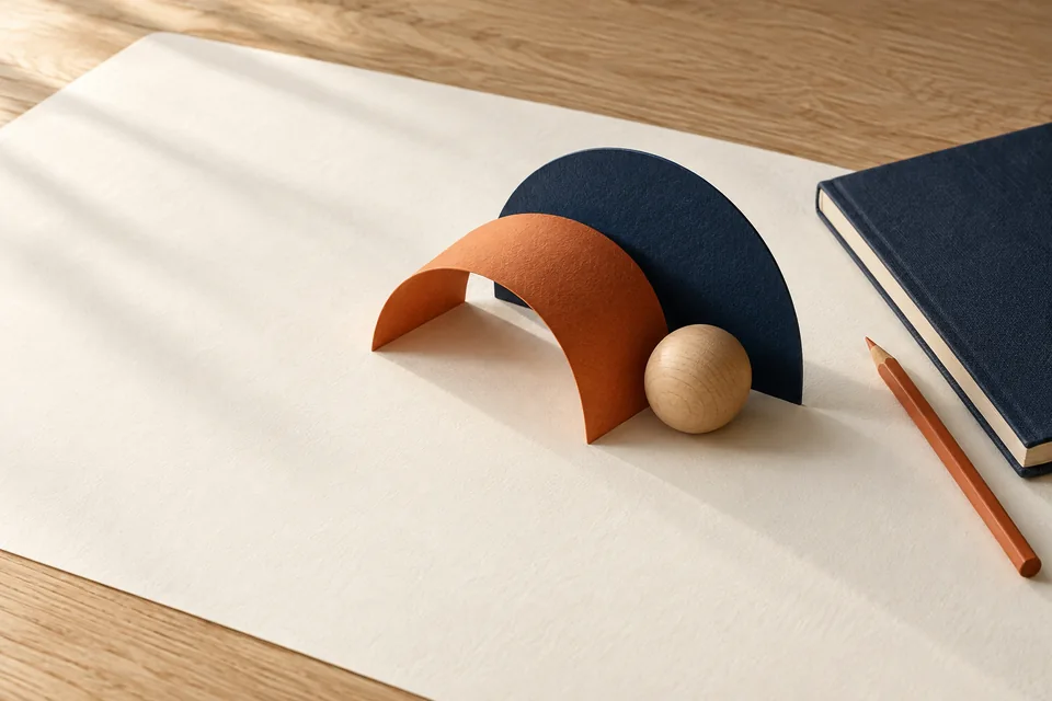 An orange paper arch, navy paper circle and wooden sphere on an ivory work surface.